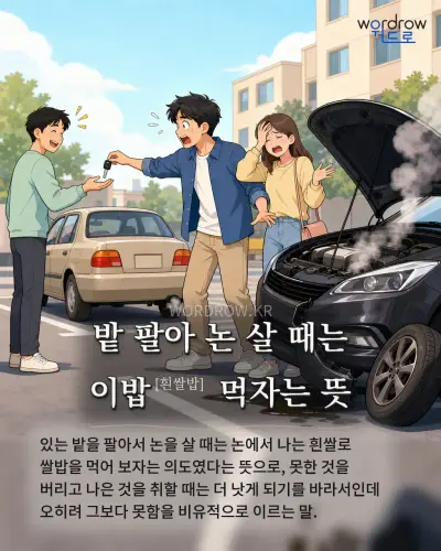 한국어 속담 “밭 팔아 논 살 때는 이밥[흰쌀밥] 먹자는 뜻” 1컷 일러스트