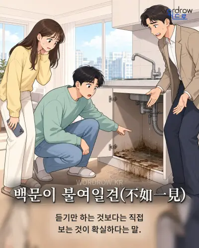 한국어 속담 “백문이 불여일견(不如一見)” 1컷 일러스트