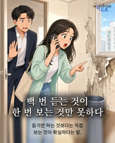 한국어 속담 “백 번 듣는 것이 한 번 보는 것만 못하다” 1컷 일러스트