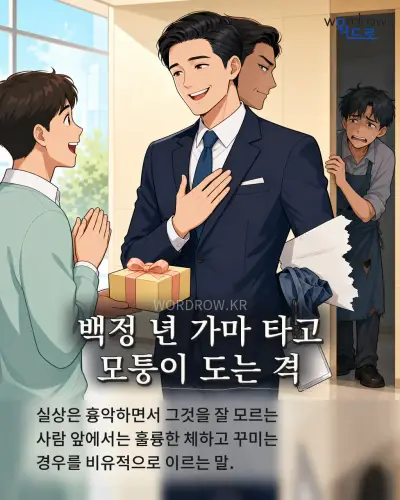 한국어 속담 “백정 년 가마 타고 모퉁이 도는 격” 1컷 일러스트