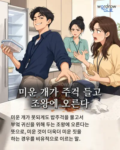 한국어 속담 “미운 개가 주걱 들고 조왕에 오른다” 1컷 일러스트