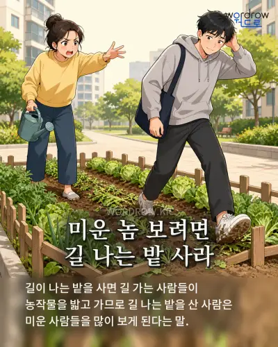 한국어 속담 “미운 놈 보려면 길 나는 밭 사라” 1컷 일러스트