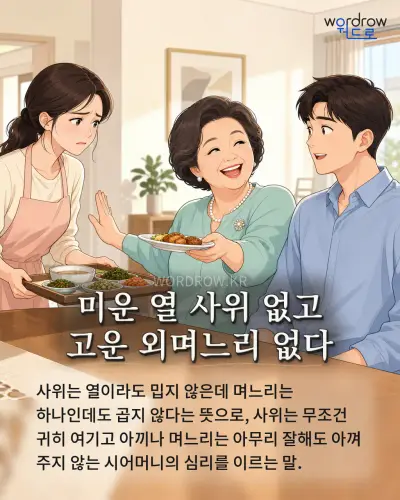 한국어 속담 “미운 열 사위 없고 고운 외며느리 없다” 1컷 일러스트