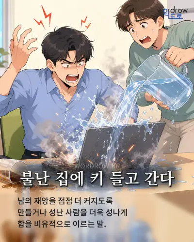 한국어 속담 “불난 집에 키 들고 간다” 1컷 일러스트