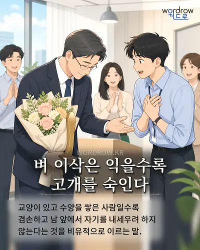 한국어 속담 “벼 이삭은 익을수록 고개를 숙인다” 1컷 일러스트
