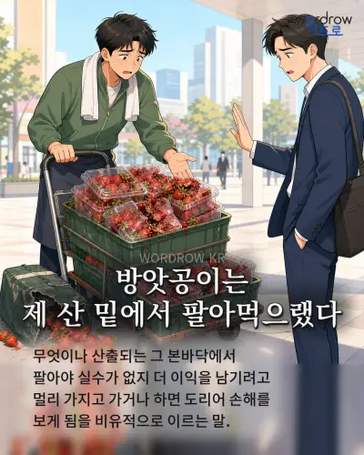 한국어 속담 “방앗공이는 제 산 밑에서 팔아먹으랬다” 1컷 일러스트
