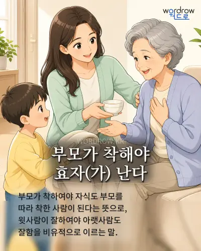 한국어 속담 “부모가 착해야 효자(가) 난다” 1컷 일러스트