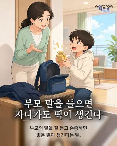 한국어 속담 “부모 말을 들으면 자다가도 떡이 생긴다” 1컷 일러스트