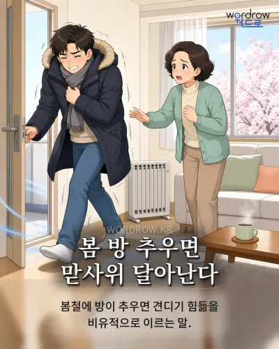 한국어 속담 “봄 방 추우면 맏사위 달아난다” 1컷 일러스트