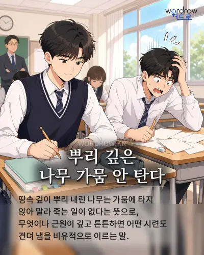 한국어 속담 “뿌리 깊은 나무 가뭄 안 탄다” 1컷 일러스트