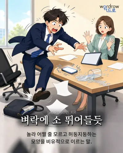한국어 속담 “벼락에 소 뛰어들듯” 1컷 일러스트