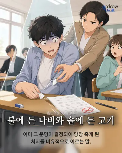 한국어 속담 “불에 든 나비와 솥에 든 고기” 1컷 일러스트