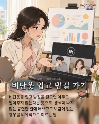 한국어 속담 “비단옷 입고 밤길 가기” 1컷 일러스트