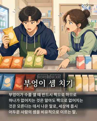 한국어 속담 “부엉이 셈 치기” 1컷 일러스트
