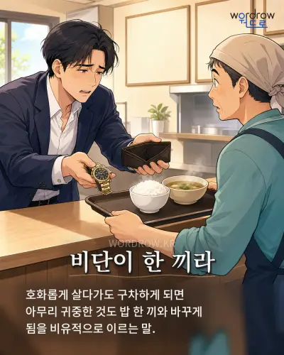 한국어 속담 “비단이 한 끼라” 1컷 일러스트