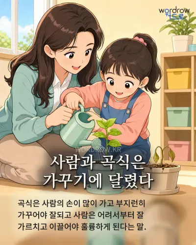 한국어 속담 “사람과 곡식은 가꾸기에 달렸다” 1컷 일러스트