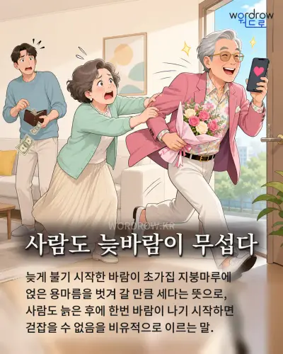 한국어 속담 “사람도 늦바람이 무섭다” 1컷 일러스트
