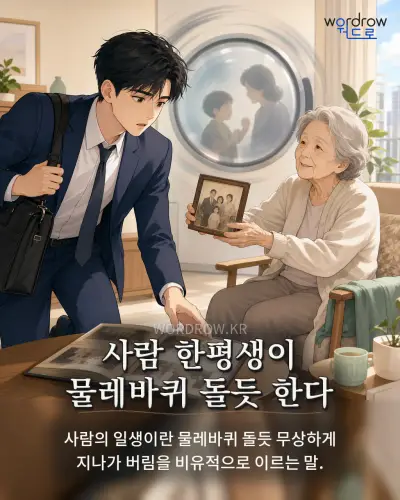 한국어 속담 “사람 한평생이 물레바퀴 돌듯 한다” 1컷 일러스트