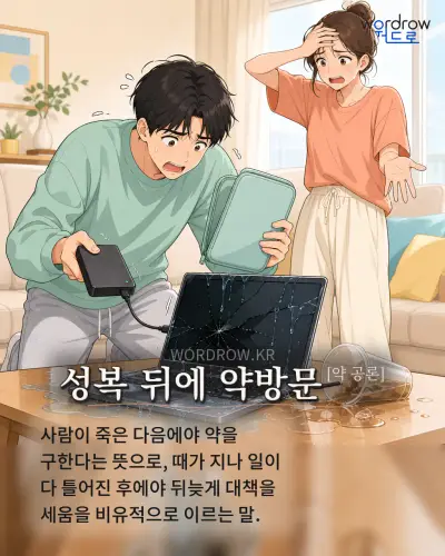 한국어 속담 “성복 뒤에 약방문[약 공론]” 1컷 일러스트