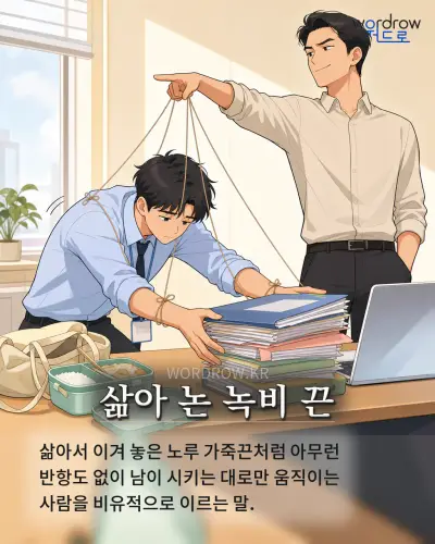 한국어 속담 “삶아 논 녹비 끈” 1컷 일러스트