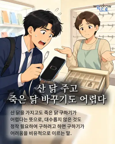 한국어 속담 “산 닭 주고 죽은 닭 바꾸기도 어렵다” 1컷 일러스트