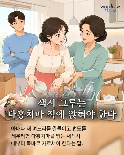한국어 속담 “색시 그루는 다홍치마 적에 앉혀야 한다” 1컷 일러스트
