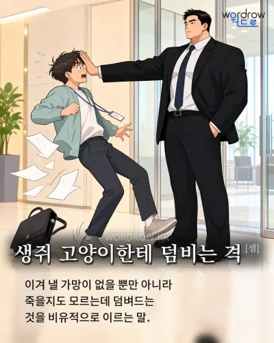 한국어 속담 “생쥐 고양이한테 덤비는 격[셈]” 1컷 일러스트