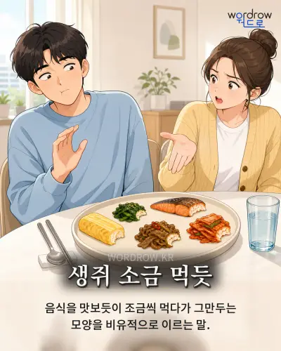 한국어 속담 “생쥐 소금 먹듯” 1컷 일러스트