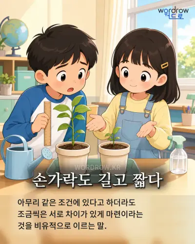 한국어 속담 “손가락도 길고 짧다” 1컷 일러스트