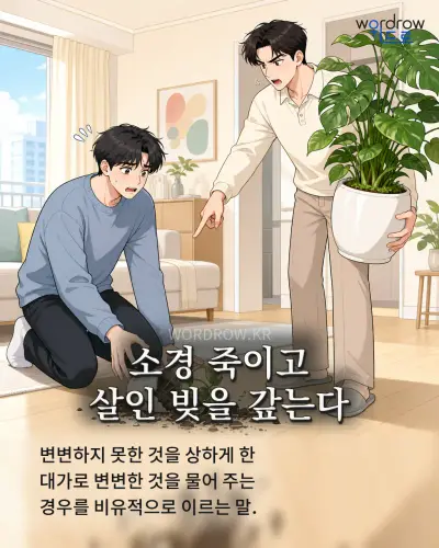 한국어 속담 “소경 죽이고 살인 빚을 갚는다” 1컷 일러스트