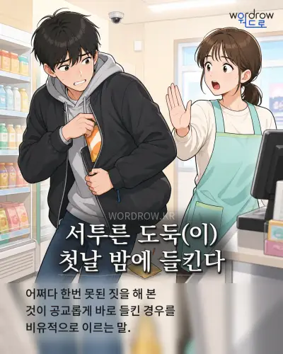 한국어 속담 “서투른 도둑(이) 첫날 밤에 들킨다” 1컷 일러스트