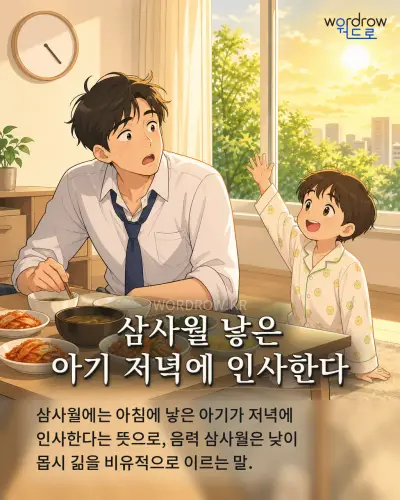 한국어 속담 “삼사월 낳은 아기 저녁에 인사한다” 1컷 일러스트