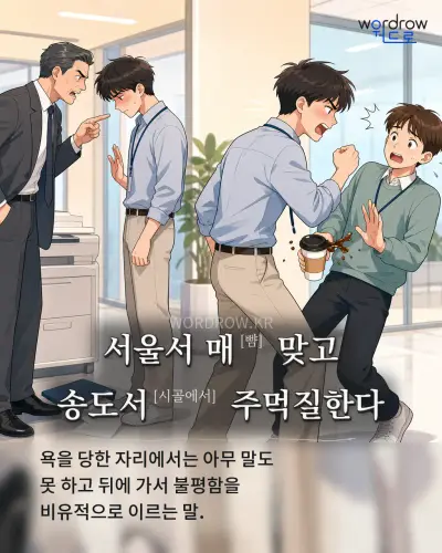한국어 속담 “서울서 매[뺨] 맞고 송도서[시골에서] 주먹질한다” 1컷 일러스트