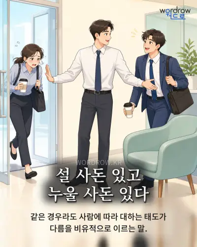 한국어 속담 “설 사돈 있고 누울 사돈 있다” 1컷 일러스트