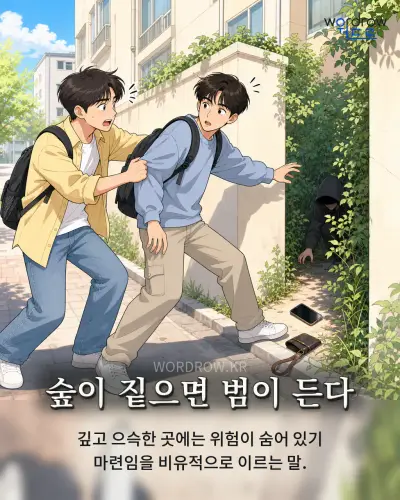 한국어 속담 “숲이 짙으면 범이 든다” 1컷 일러스트