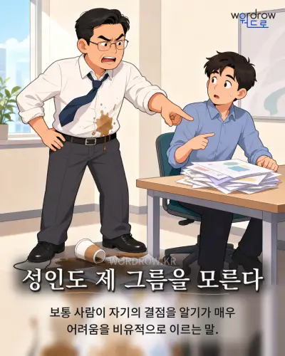 한국어 속담 “성인도 제 그름을 모른다” 1컷 일러스트