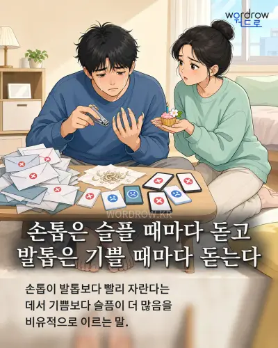 한국어 속담 “손톱은 슬플 때마다 돋고 발톱은 기쁠 때마다 돋는다” 1컷 일러스트