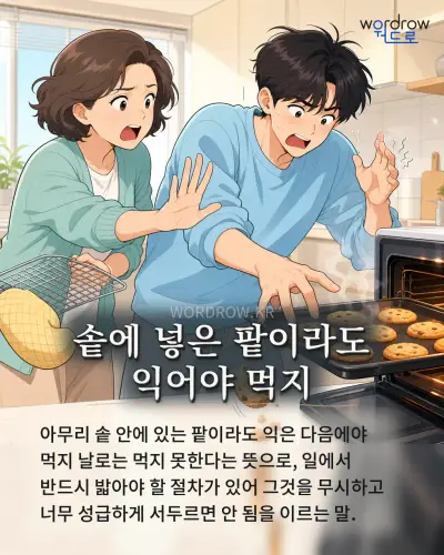한국어 속담 “솥에 넣은 팥이라도 익어야 먹지” 1컷 일러스트