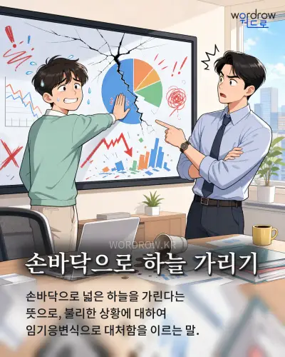한국어 속담 “손바닥으로 하늘 가리기” 1컷 일러스트