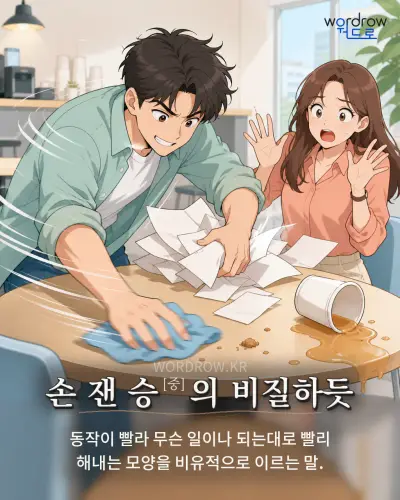 한국어 속담 “손 잰 승[중]의 비질하듯” 1컷 일러스트