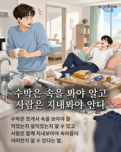한국어 속담 “수박은 속을 봐야 알고 사람은 지내봐야 안다” 1컷 일러스트