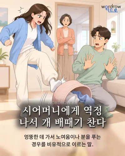 한국어 속담 “시어머니에게 역정 나서 개 배때기 찬다” 1컷 일러스트
