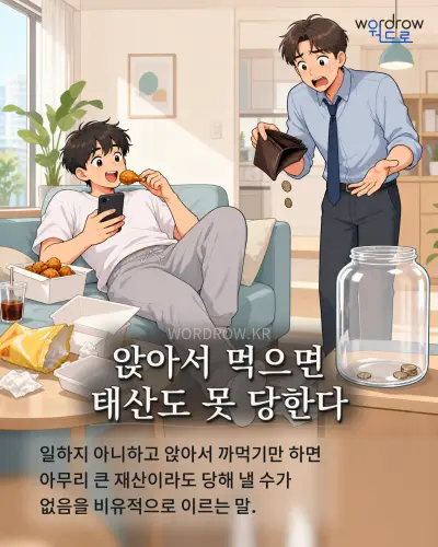 한국어 속담 “앉아서 먹으면 태산도 못 당한다” 1컷 일러스트