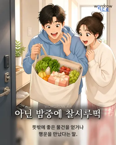한국어 속담 “아닌 밤중에 찰시루떡” 1컷 일러스트