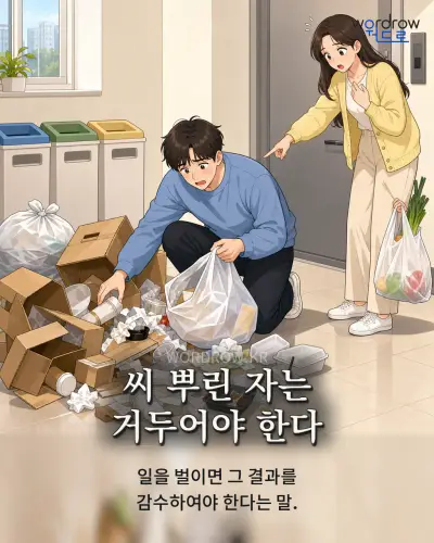 한국어 속담 “씨 뿌린 자는 거두어야 한다” 1컷 일러스트
