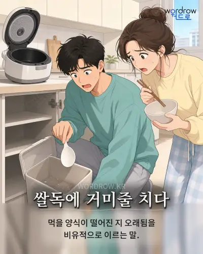 한국어 속담 “쌀독에 거미줄 치다” 1컷 일러스트