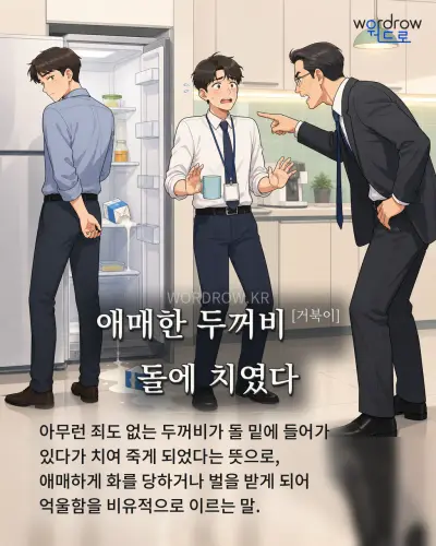 한국어 속담 “애매한 두꺼비[거북이] 돌에 치였다” 1컷 일러스트