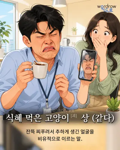 한국어 속담 “식혜 먹은 고양이[괴] 상 (같다)” 1컷 일러스트