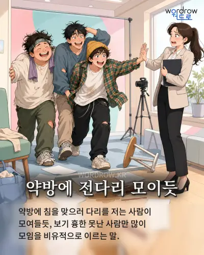 한국어 속담 “약방에 전다리 모이듯” 1컷 일러스트