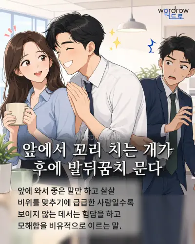 한국어 속담 “앞에서 꼬리 치는 개가 후에 발뒤꿈치 문다” 1컷 일러스트